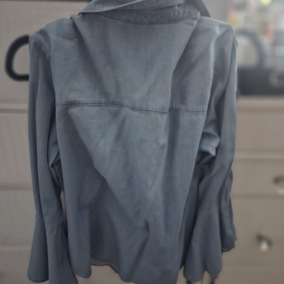 NEW!! Zara Blue Denim Open Shoulder Flare Sleeve Shirt - Picture 7 of 9